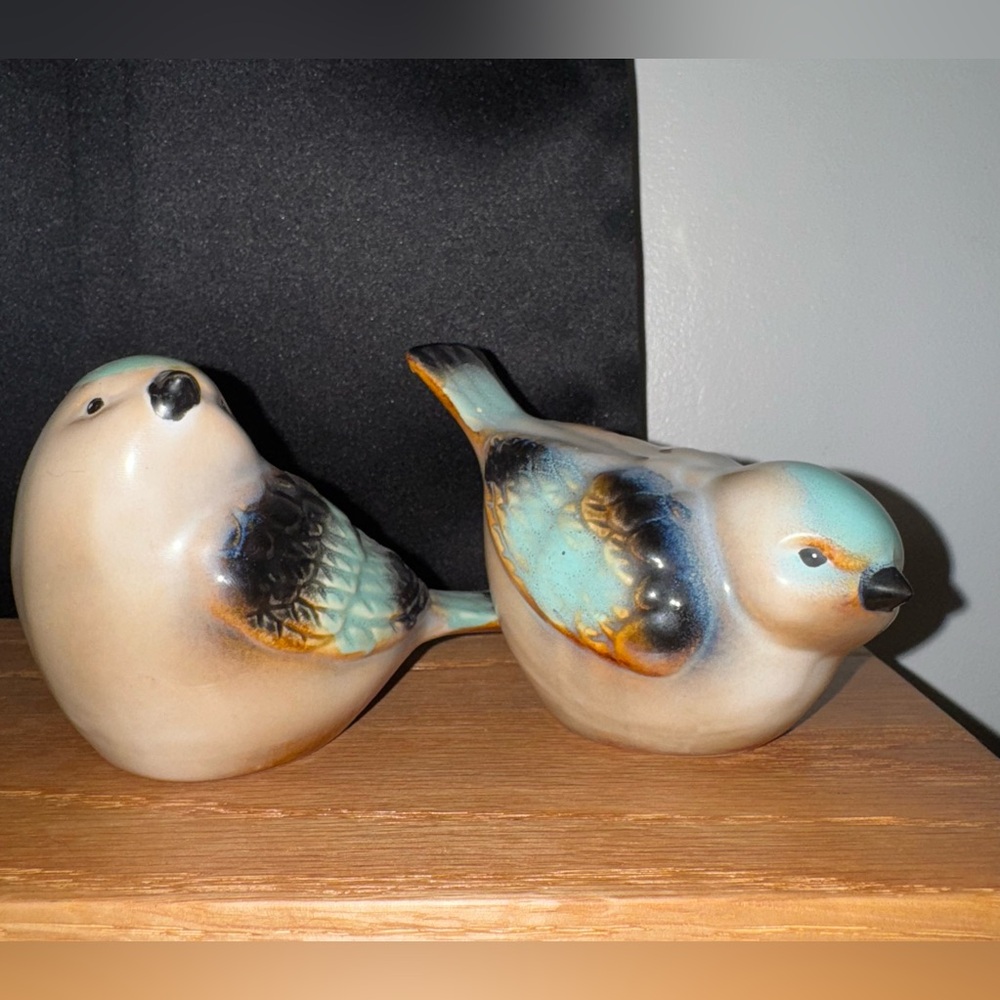 Ceramic Bird Figurines with Blue and Tan Accents